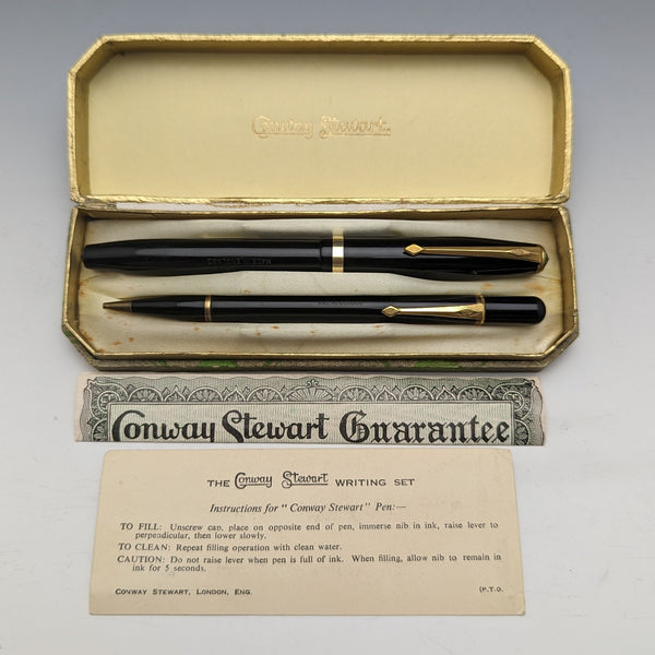 British Vintage Conway Stewart Fountain Pen Pencil Set Black Boxed